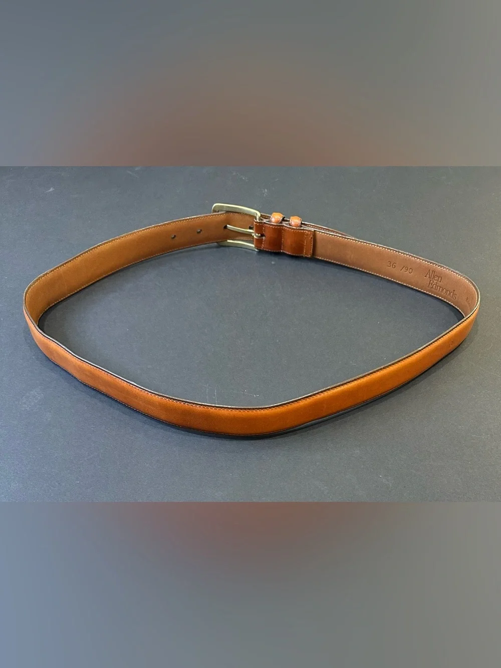 VTG 1990s Allen Edmonds Burnished Tan Calf Dress Belt Brass buckle 36